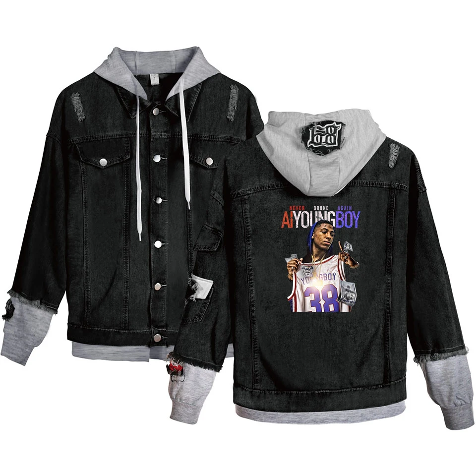 Black denim grey Джинсовые куртки с капюшоном YoungBoy Never Broke снова куртка для мужчин и женщин поддельные два предмета хип-хоп пальто Высокое качество модная осенняя куртка - Цвет: Black denim grey