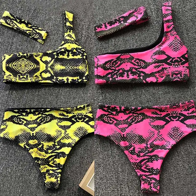

Women Split Swimsuits Snake Skin Printed One Shoulder Bra Bikini + Swimming Briefs X85