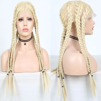 

Bombshell Synthetic Full Lace Braid Wig Honey Blonde Straight Heat Resistant Fiber Hair Natural Hairline Middle Parting Wigs