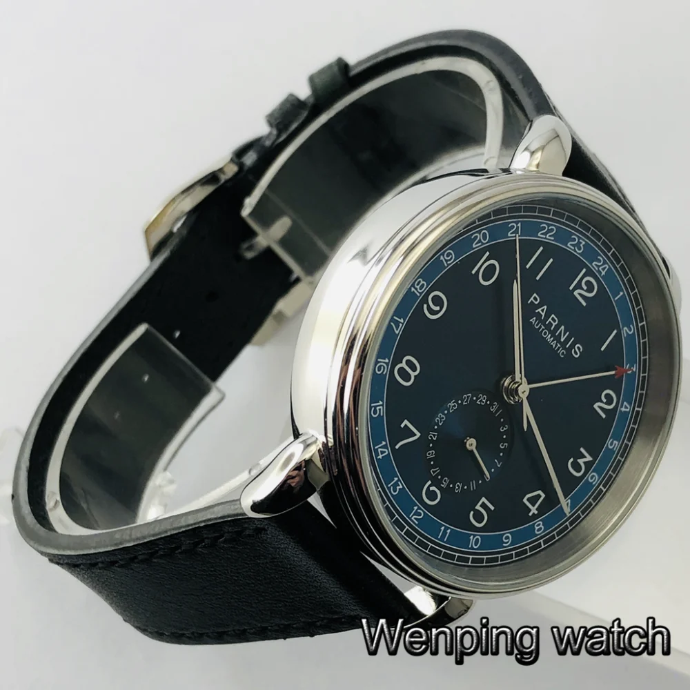 Parnis 42 мм Серебряный чехол с синим циферблатом GMT арабский знак Дата Окно кожаный ремешок мужские Топ Досуг автоматические механические часы