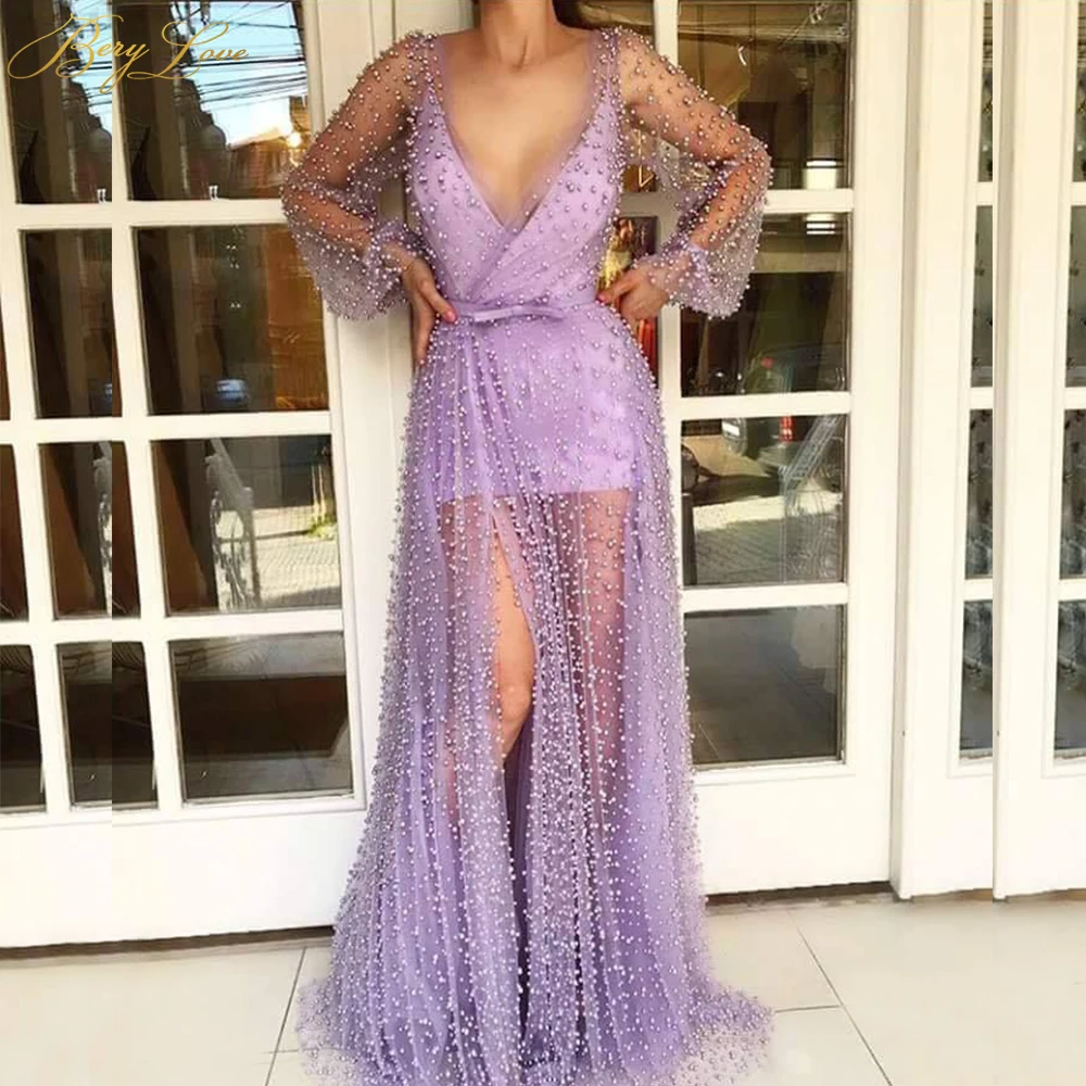 

Charming Pearls Purple Evening Dresses 2019 Straight Long Evening Gown Elegant Long Sleeves Sexy V Open Slit Sheath Prom Dresses