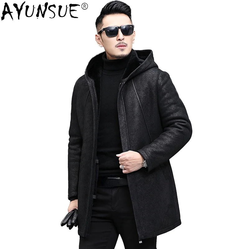 

AYUNSUE Natural Fur Jacket Male Genuine 100% Wool Fur Coats Winter Men's Hooded Sheepskin Leather Jackets Casaco Masculino Gm363