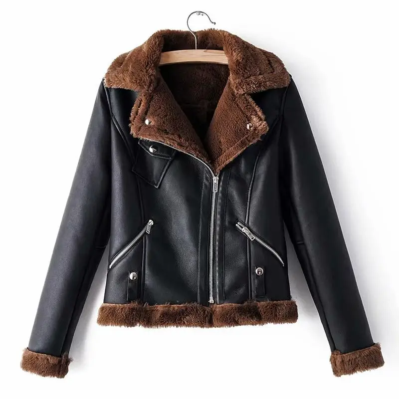 Fitaylor, зимняя короткая куртка из искусственной кожи, мотоциклетное пальто на молнии из искусственного меха ягненка, теплая толстая верхняя одежда с отложным воротником - Color: Brown