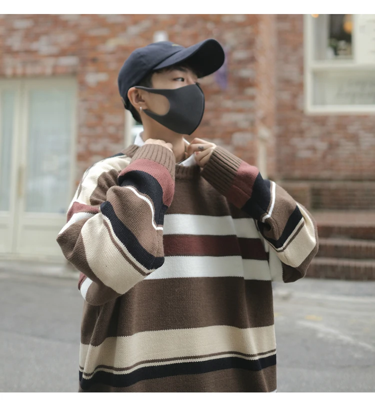 Striped Sweater Men Warm Fashion Contrast Color Casual O-neck Knit Pullover Men Streetwear Knitting Sweaters Male Sweter Clothes