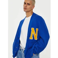 

Blue Oversized Knitted Cardigan 2021 Men Casual V Neck Long Sleeve Pocket Button Loose Sweater Neutrals Cardigans
