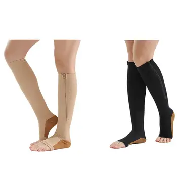 

2pair Compression Stockings Nylon Zipper Compression Sock Leg Knee Support Open Toe Preventing(Black)L/XL & (Color)S/M