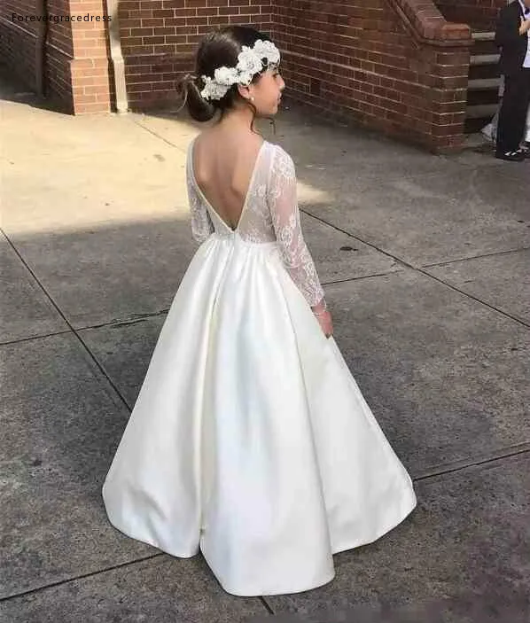2018 White Lace Satin A-Line Flower Girls Dresses Jewel Illusion Backless Sheer Straps Long Sleeves Floor-Length Kids Formal Wear Dresses  87 (4)