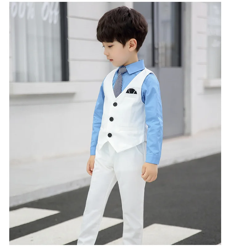 6 шт., детский деловой костюм, белый костюм с цветочным узором для мальчиков на свадебную вечеринку детский Блейзер, жилет, брюки, рубашка одежда с галстуком