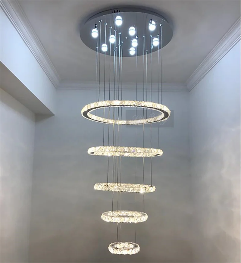 round chandelier Luxury Diamond 5 Rings Circle Crystal LED Chandelier Lighting Fixture Crystal Pendant Hanging Lamp Stair Hall Dimming Lustres chandelier ceiling light