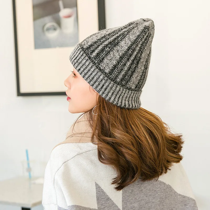 

Autumn & Winter New Style Knitted Hat Korean-style Versatile Thick Thread Stripes Rabbit Fur Color Mixture Thick Warm Wool Women
