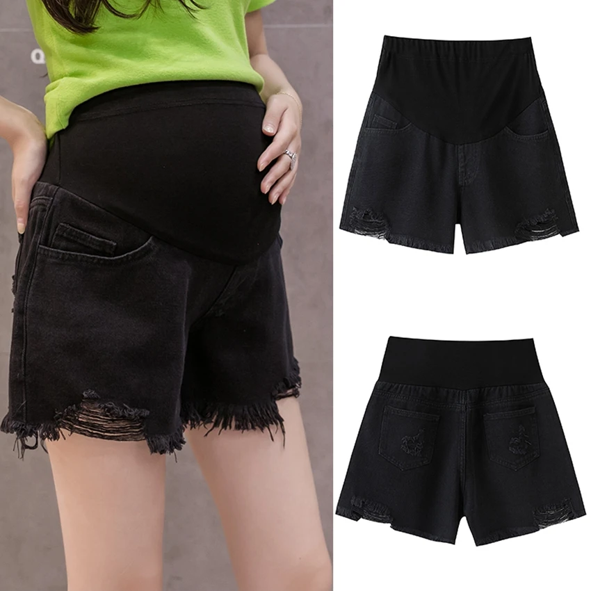 

Denim shorts pregnant women summer 2020 new hole pants black white thin section a word pregnant belly pants