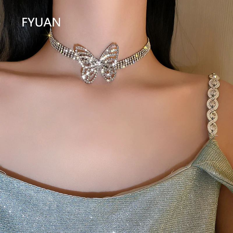 FYUAN Beautiful Butterfly Crystal Choker Necklaces for Women Shine Short Rhinestone Necklaces Statement Jewelry Accessories