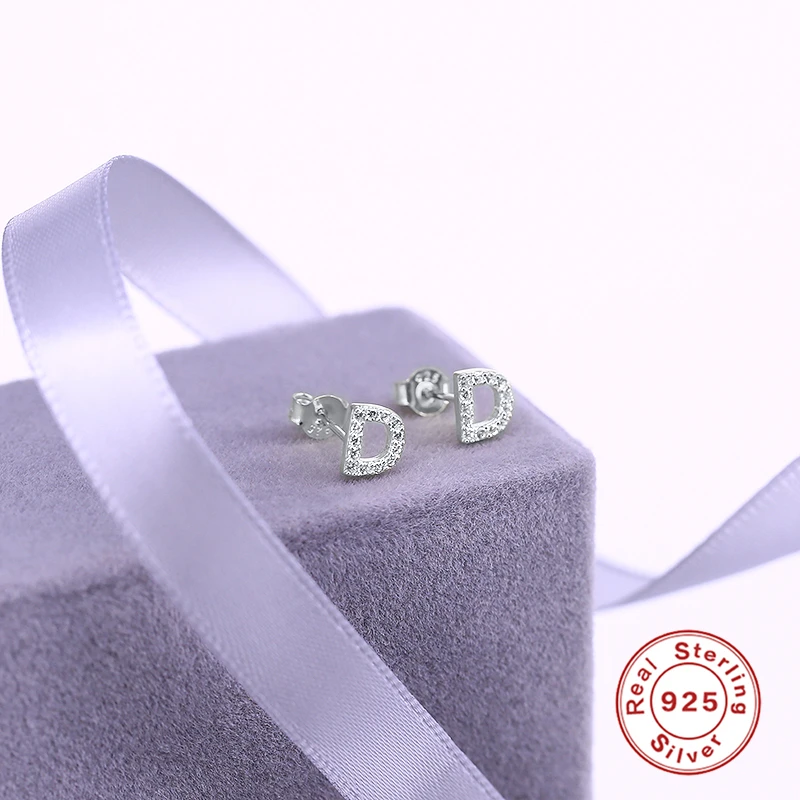 CANNER Small 925 Sterling Silver Alphabet Stud Earrings for Women Exquisite Zircon Cartilage Piercing 26 Letter Earings Jewelry