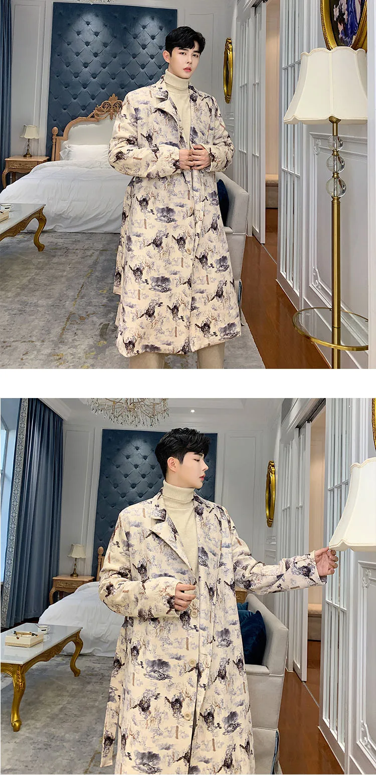 Men Vintage Fashion Print Loose Long Jacket Trench Coat Male Women Streetwear Hip Hop Windbreaker Casual Overcoat