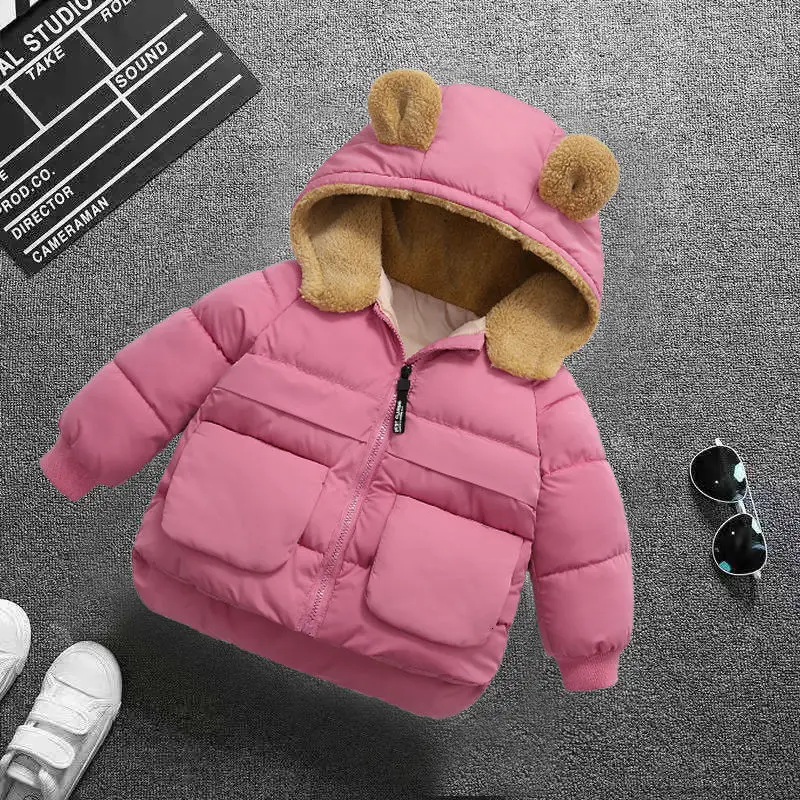 Пуховики для девочек; зимние теплые куртки для девочек; модная детская верхняя одежда из плотного бархата для маленьких мальчиков; детская одежда с милым рисунком - Цвет: Розовый