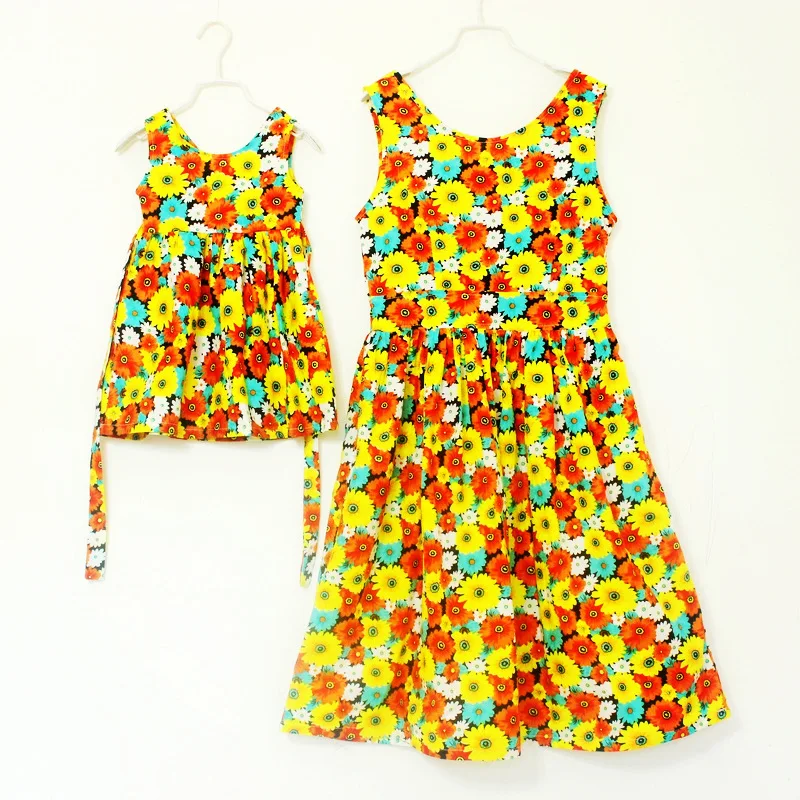 

Pure Cotton Parent-child Matching Outfit Summer Wear Mother-daughter Matching Outfit Girls Yellow Floral Strapped Dress Travel H