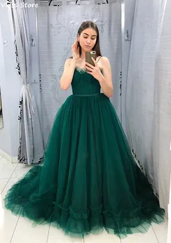 

Vkiss Green Evening Dress Simple Tulle For Homecoming Party Gown Spaghetti Straps V-neck Sweep Train Prom Dress