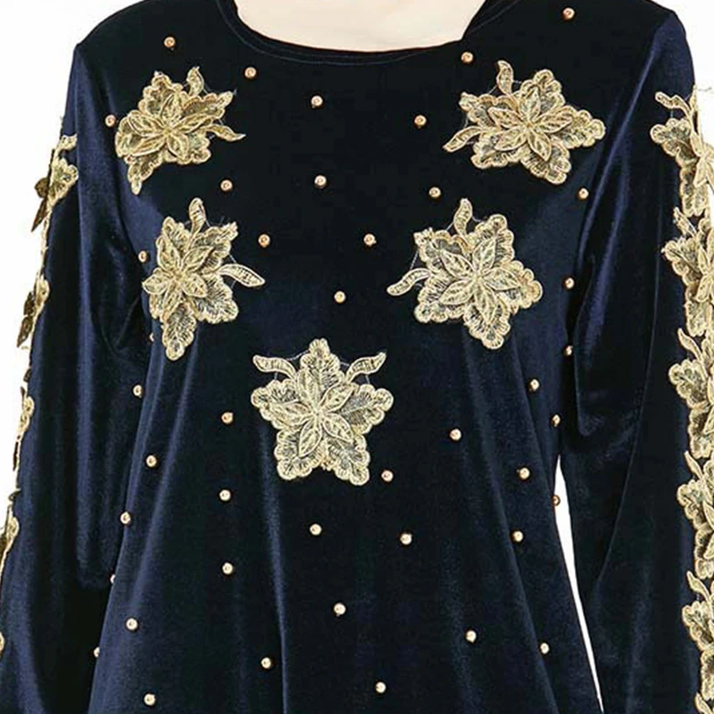 Siskakia вечерние платья для мусульманских женщин золотой цветок вышивка бисером дизайн размера плюс арабская Вечеринка банкетное платье темно-синий
