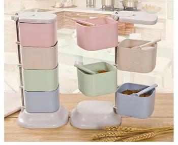 

Wheat Stalk Kitchen Storage Box Rotated Vertically with Spoon Seasoning Box Environmental Household Four-layer Rotary Spice Jar