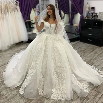 

2020 Elegant Off Shoulder Lace Beaded Lace Up Court Train Ball Gown Weddin Dress