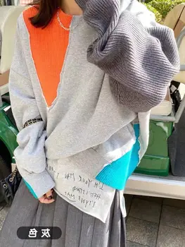 

COIGARSAM Full Sleeve blouse women Knitting Patchwork Loose Upset Add Wool blusas womens tops and blouses Gray White Black 2219