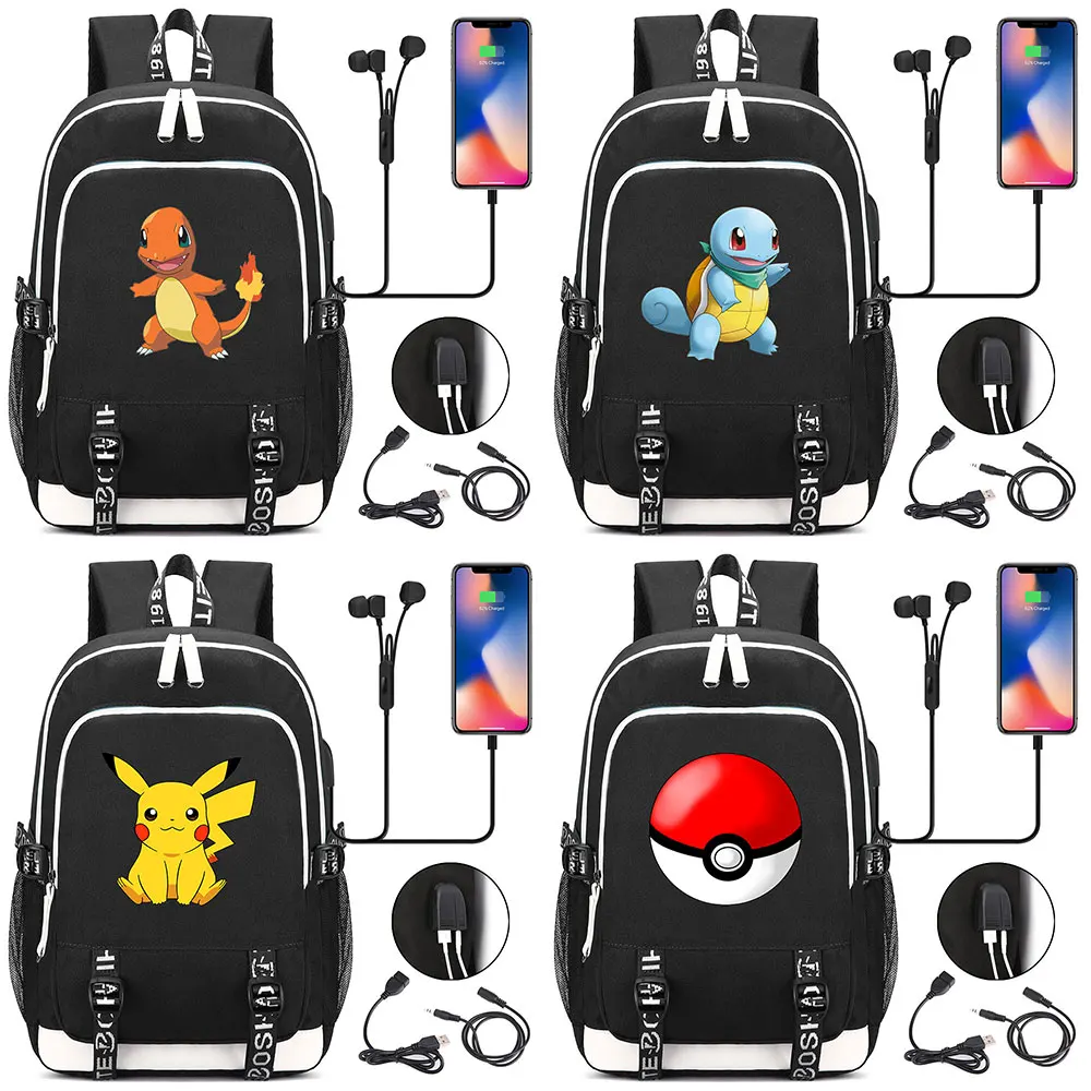 Squirtle Аниме Покемон рюкзак USB разъем для наушников для мальчиков, школьный рюкзак для девочек, Для женщин подростков холст Для мужчин ноутбук рюкзак