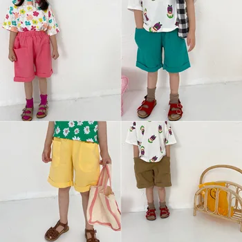 

2020 Summer Childrens Solid Color High Waist Cotton Linen Shorts Boys and Girls All-match with Pockets Casual Short Pants