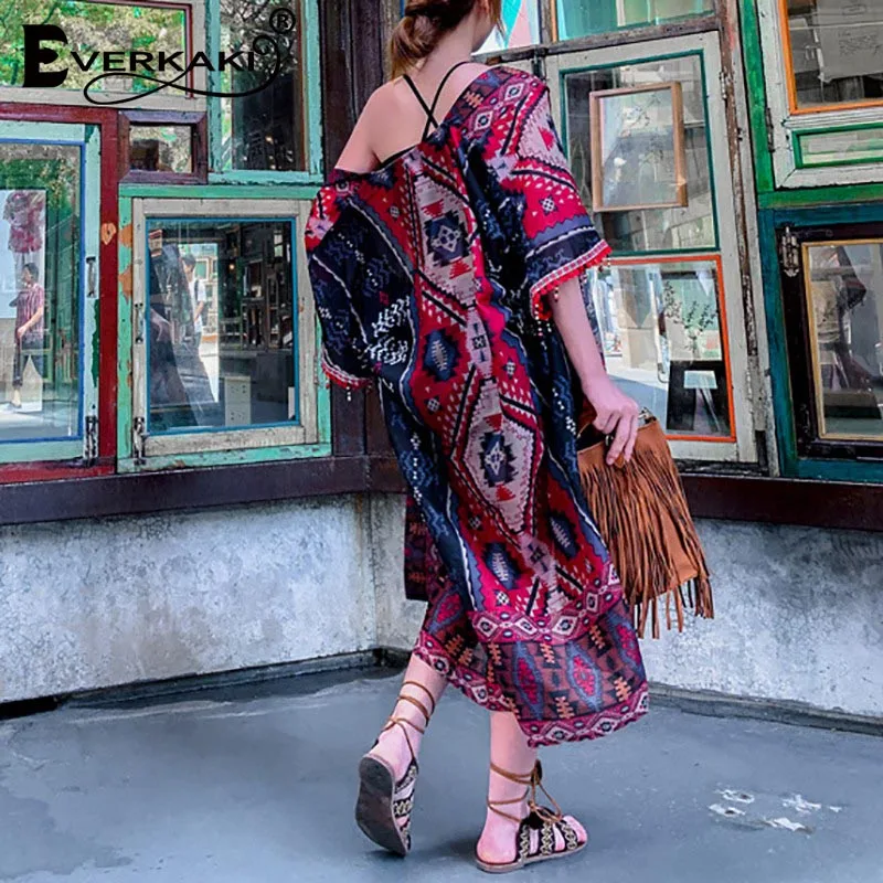 Everkaki пальто-кимоно для женщин Бохо цветочный принт кисточки пляж цыганские Дамы Винтаж длинное пальто кимоно для женщин Лето Новинка