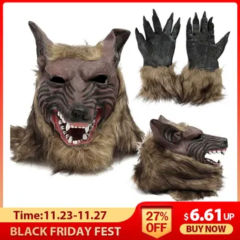 

Cosplay Latex Rubber Wolf Head Hair Mask Gloves, Unisex Novelty Animal Full Mask Halloween Role Play Fancy Dress Party Costume