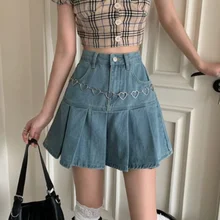 

Casual Denim Mini Skirt Women Summer Cute High-Waiste Harajuku Y2K Pleated Skirt Blue Japanese Korean Style Fashion Clothing New