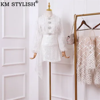 

Women's 2 Piece Skirt Sets 2019 Fall/Winter New Three-dimensional White Lace Ruffled Diamond Shirt + Irregular Sequined skirt