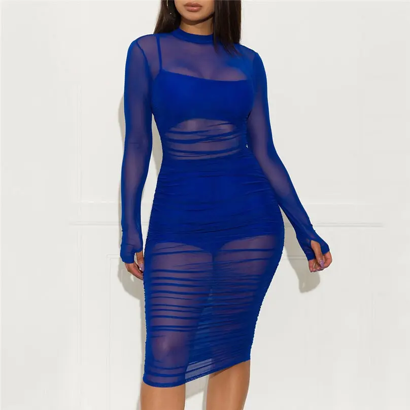 3pc New Fashion Women Set Solid Color Sexy Mesh Slim Casual Night Club Party Dress + Vest + Shorts Suit Set 4O21 (4)