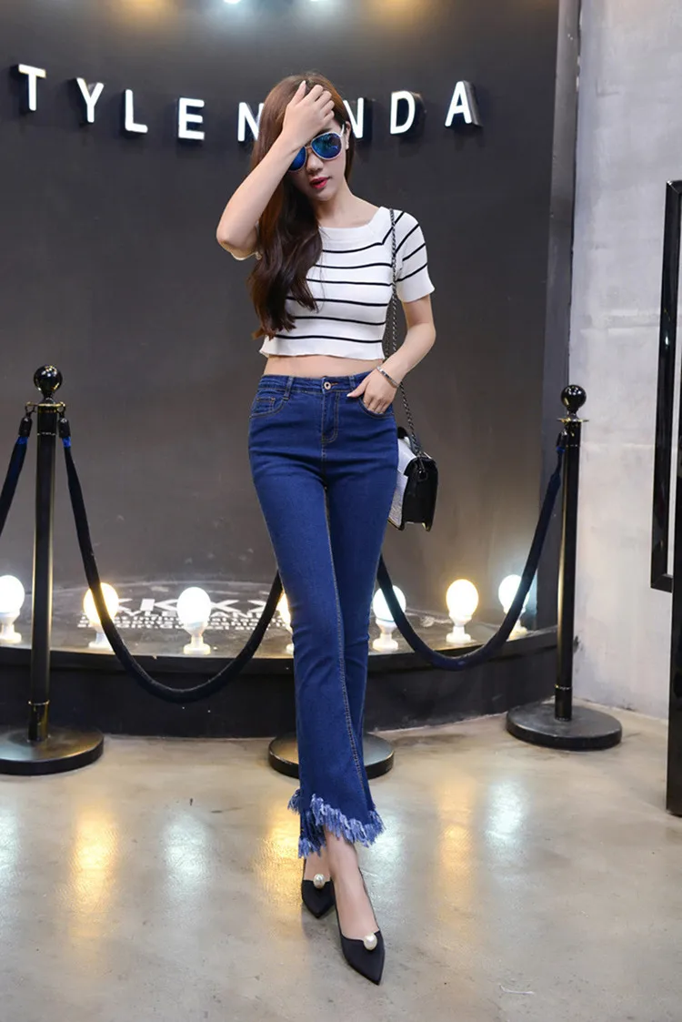 Korean-style High-waisted Black Ankle-length Trumpet Jeans Women's Irregular Flash Tassels Spring Slimming Boot-Cut