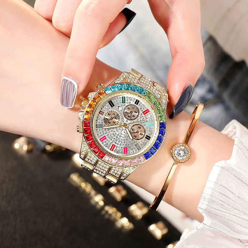 時計は女性男性フルアイスアウトゴールドラインストーン腕時計カップル腕時計ヒップホップラッパー腕時計ホット販売リロイmujerレロジオ