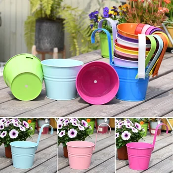 

Newest Metal Flower Pots Hanging Plant Planter Colour Balcony Garden Wall Fence Iron Buckets Flower Holders