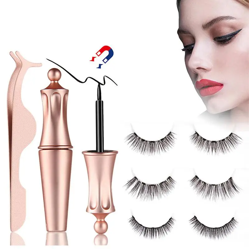 

3 Pairs Magnetic False Eyelashes Eyeliner Set 3 Size 5 Magnet Reusable Lashes 4ml Magnetic Eyeliner Tweezers Kit