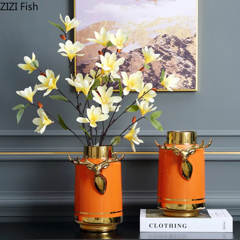 Golden Stripes Ceramic Vase Orange Flower Pot Floral Arrangement Crafts Porcelain Vases Home Decoration Accessories Modern | Дом и сад
