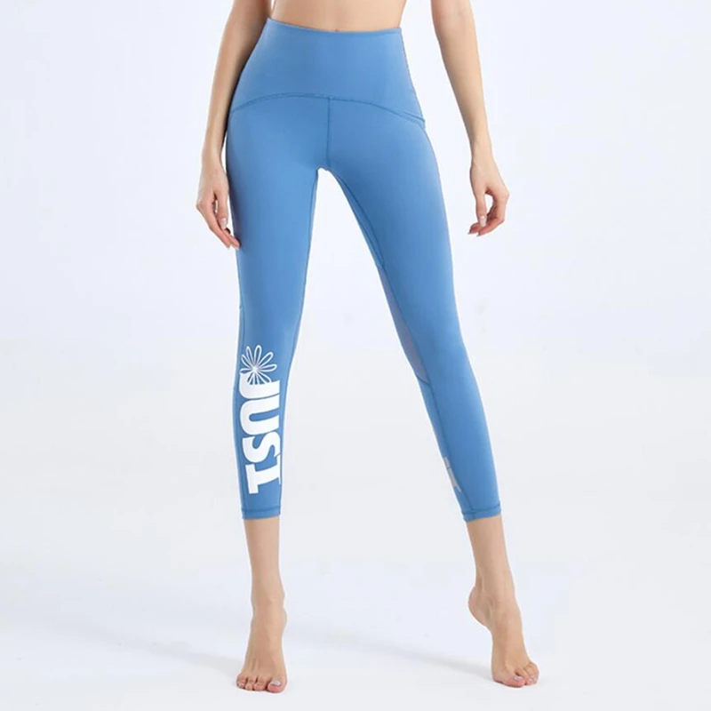 Summer Female Mesh Stitching Pilates Leggings Letter Printing Elastic Thin Running Fitness Leggings Women Tight Yoga Pants sports leggings yoga pants