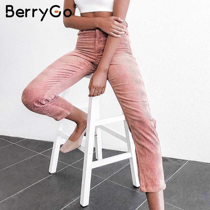 Женские вельветовые брюки BerryGo повседневные карандаш на молнии с высокой талией