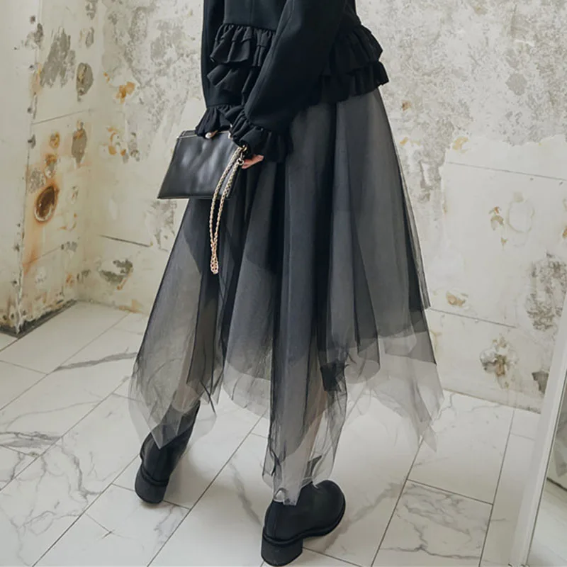 HG сетка сплайсированная юбка женская черная Асимметричная эластичная талия уличная мода Джокер Элегантный Новая Осенняя юбка женская ZYQ1567