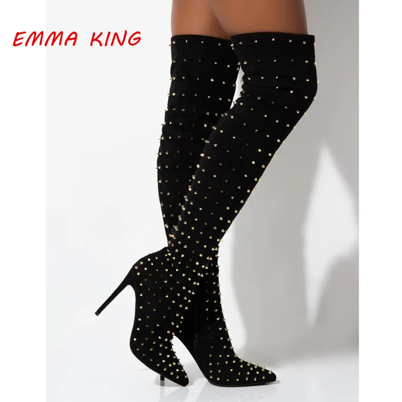 

Gold Rivets Studded Fashion Over Knee Boots Women 2020 Winter Pointed Toe Side Zipper Stiletto High Heels Sexy Female Long Boots