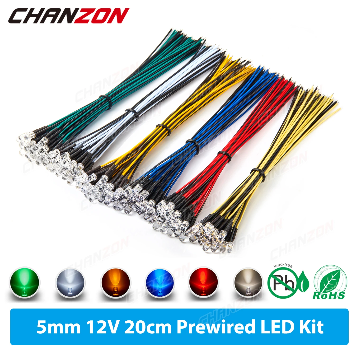 

120pcs 12V 5mm Prewired LED Diode Kit Light Emitting Warm White Red Green Blue Yellow 20cm Cable Wire Lamp Bulb Set Assortment