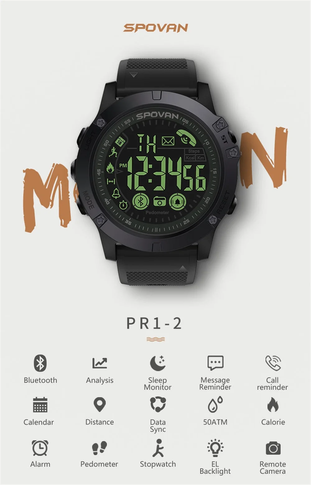 Spovan светящиеся мужские Смарт-часы IP68 Водонепроницаемый Шагомер фитнес-браслет камера с будильником спортивные часы PK часы с датчиками
