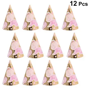 

12pcs Golden Stamping Birthday Hats Pink Baby Printing Cap Creative Birthday Party Hat Decorations with Lanyard for Kids Child