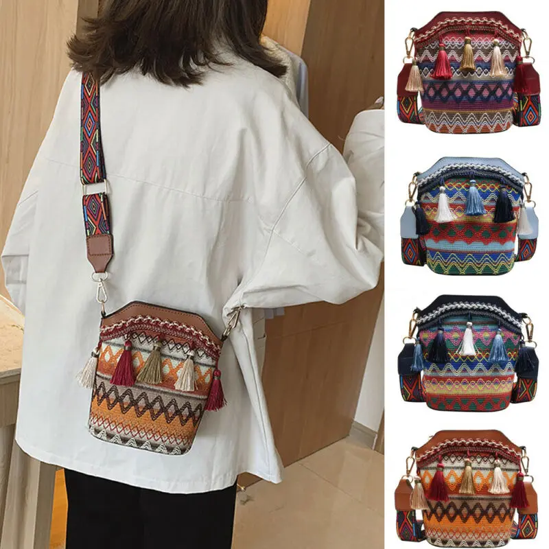 Винтажная женская сумка в национальном стиле, этническая плетеная Сумка через плечо с бахромой, в стиле хиппи, слинг на плечо, маленькая дамская сумочка, 4 цвета|Сумки с ручками| | АлиЭкспресс