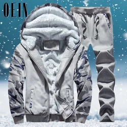 Sweat shirt à capuche et pantalon en polaire épaisse pour homme, ensemble décontracté et chaud, 2 pièces, veste et pantalon de Camouflage, hiver 