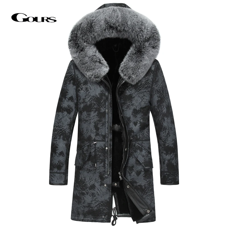 

Gours Winter Genuine Leather Jacket Men Real Shearling Sheepskin Long Coat with Natural Fox Fur Collar Wool Lining Warm GSJF1895