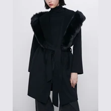 ZA, осенне-зимнее шерстяное пальто, Женское пальто с меховым воротником и поясом, теплая Повседневная модная женская верхняя одежда, шерстяное пальто, парка, женская одежда