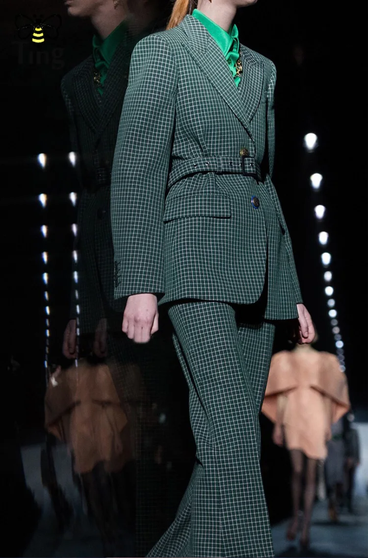 Tingfly Runway дизайнерский Зеленый Клетчатый костюм пальто+ длинные брюки женские комплекты из 2 предметов женские офисные комплекты шикарные