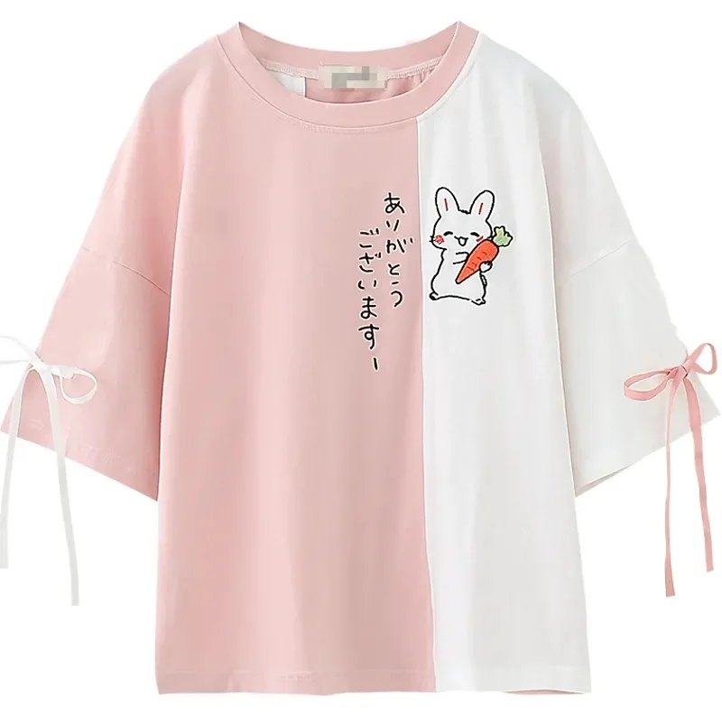 Playera Kawaii bordada de conejo de estilo escolar, Top de manga corta con lazo de encaje